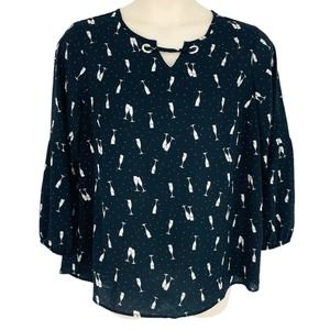 Roz & Ali Womens 1X Black Silver Novelty Champagne Flute Print Top Celebration